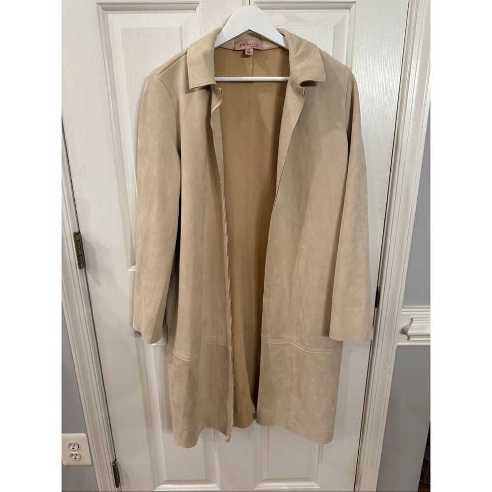 Philosophy Beige Long Mole Skin Open Front Duster Style Jacket sz M EUC